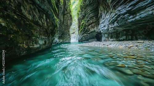 Obraz na płótnie Clear water flowing through a narrow gully surrounded by rocks and vegetation w salonie