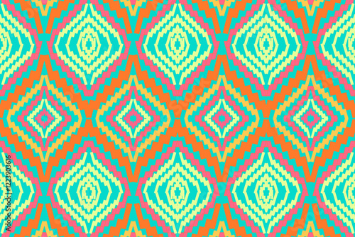 Ethnic Geometric Pattern with Teal and Orange Diamond Motifs on a Beige Background for Vibrant Decorative Art