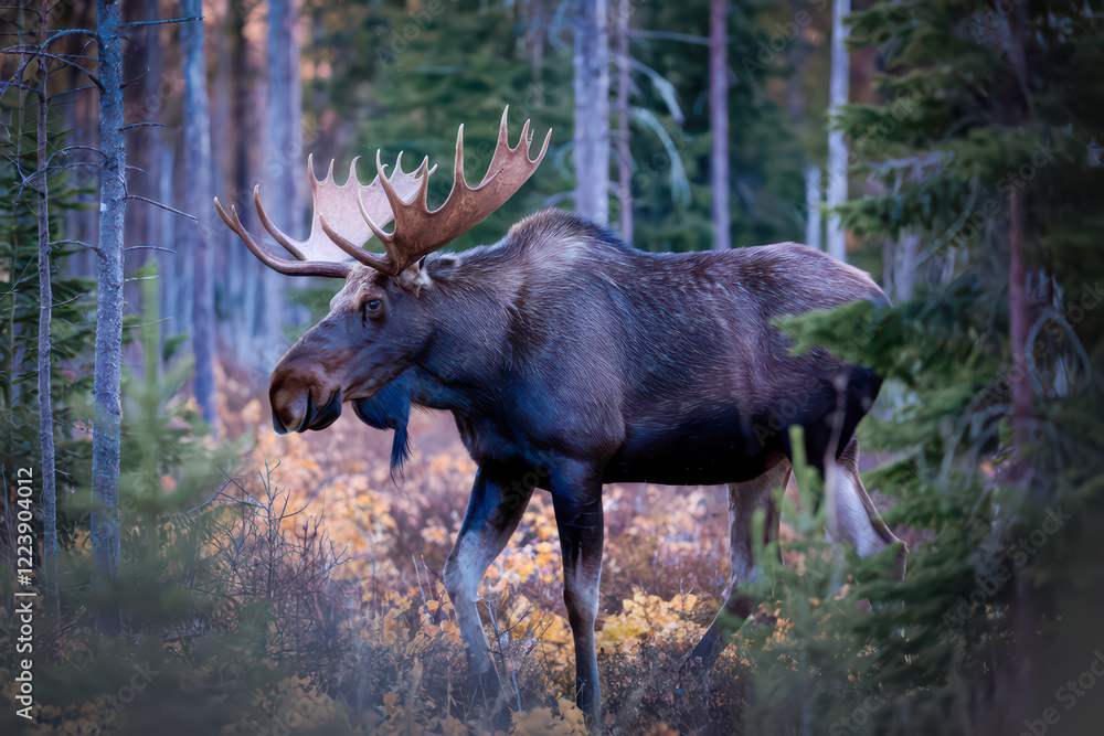 Majestic bull moose traversing an autumnal forest. Majestic bull moose traversing an autumnal forest.