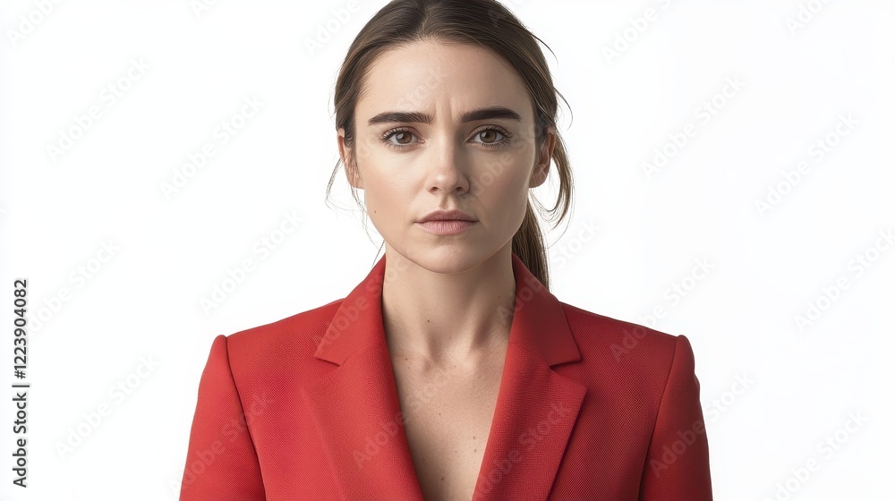 Young Woman in Red Blazer Serious Expression Young Woman in Red Blazer Serious Expression