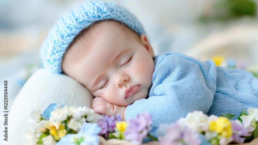 Peaceful baby sleeping in flower basket, studio shot, soft background, ideal for greeting cards Peaceful baby sleeping in flower basket, studio shot, soft background, ideal for greeting cards