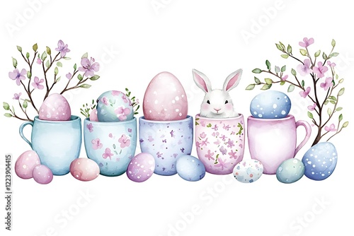 Easter day celebration watercolor style floral cups joyful atmosphere artistic layout photo