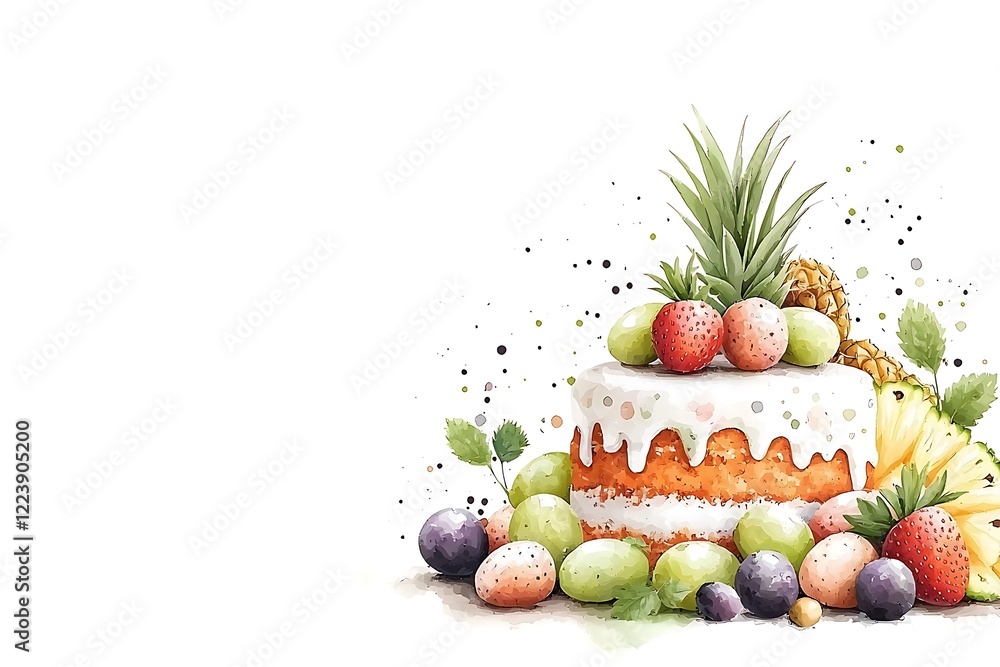Easter celebration cake and fruit display in watercolor style a culinary delight Easter celebration cake and fruit display in watercolor style a culinary delight