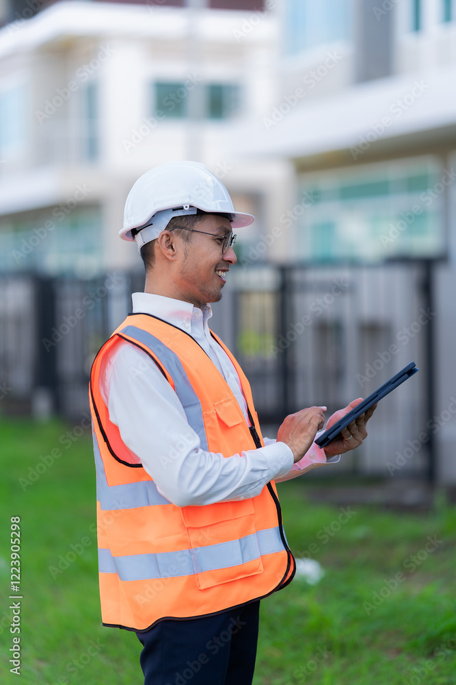 Fototapeta premium The chief engineer is taking notes on a tablet while inspecting a two-story house project that is being built for delivery. vertical picture