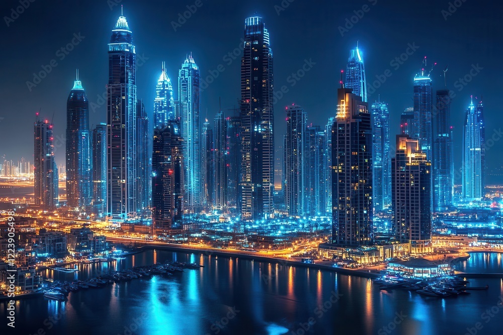 Fototapeta premium Stunning nighttime cityscape of Dubai's skyscrapers. Ideal for travel, real estate, and city themes, showcasing modern architecture and vibrant urban life.