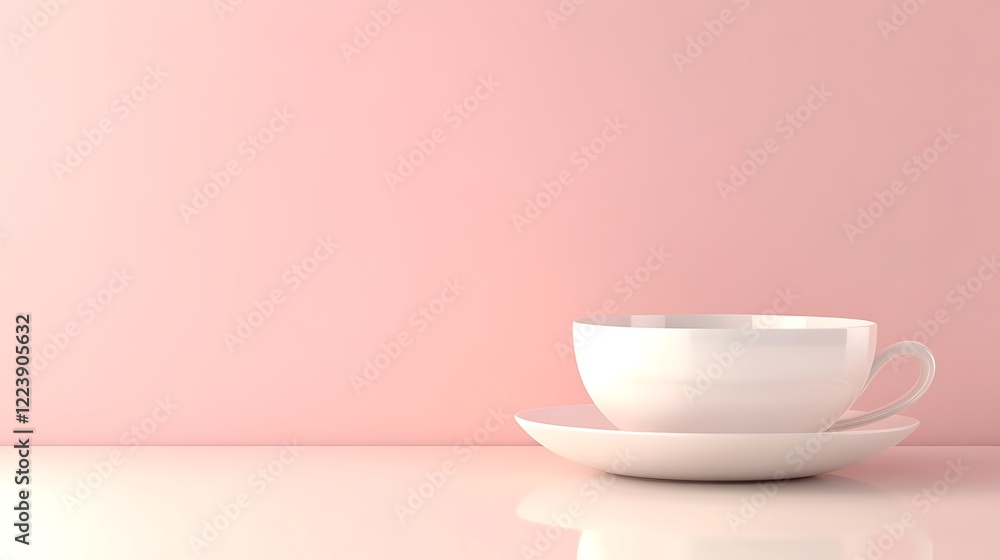 White Teacup and Saucer on Pink Background White Teacup and Saucer on Pink Background