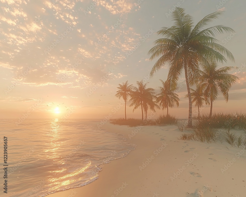 Obraz premium Tranquil sunset over a tropical beach with palm trees.