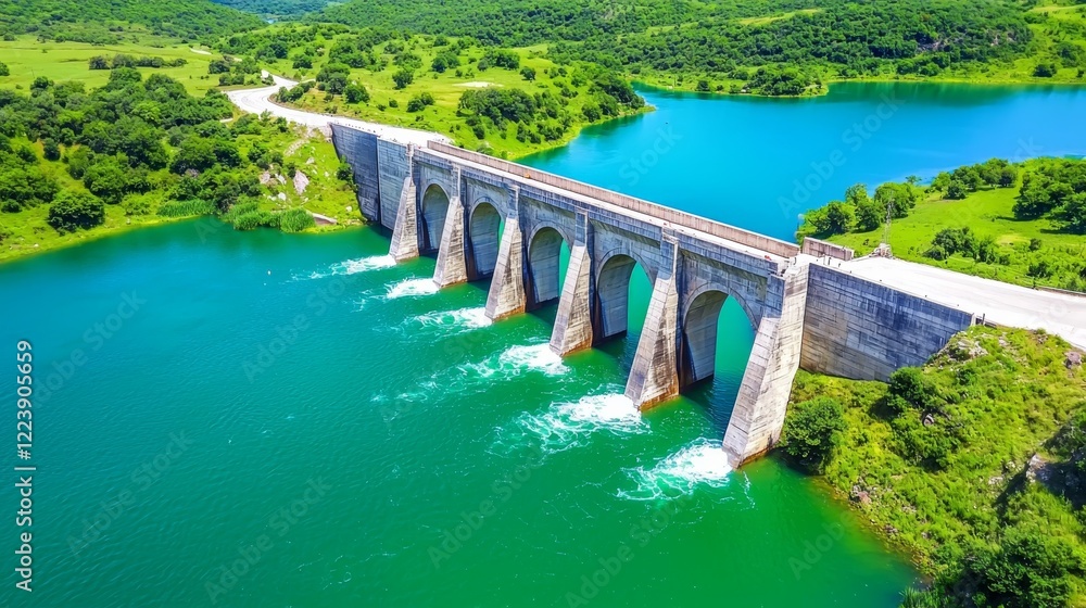Hydropower Dam and Water Flow in Green Landscape of Renewable Energy Source Hydropower Dam and Water Flow in Green Landscape of Renewable Energy Source