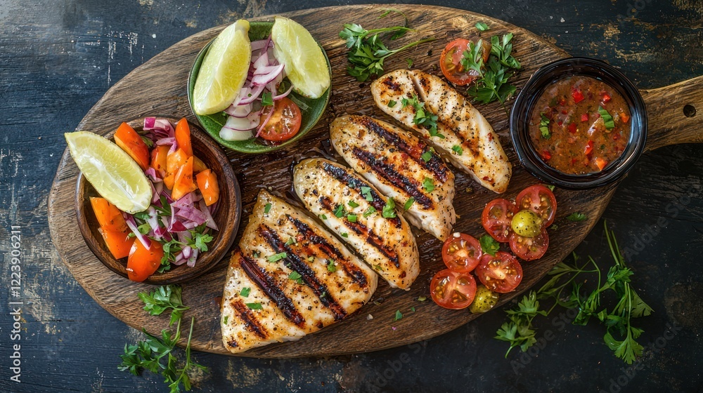 Grilled fish fillets on a platter, served with vegetables and a side of sauce