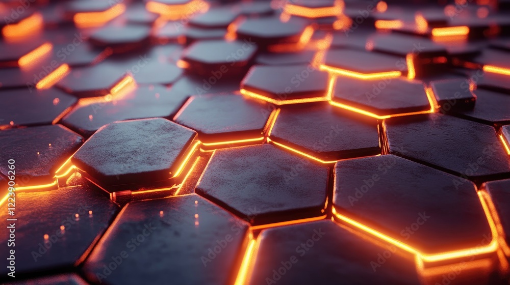 Obraz premium Digital hexagon grid interspersed with glowing nodes and subtle data flow animations