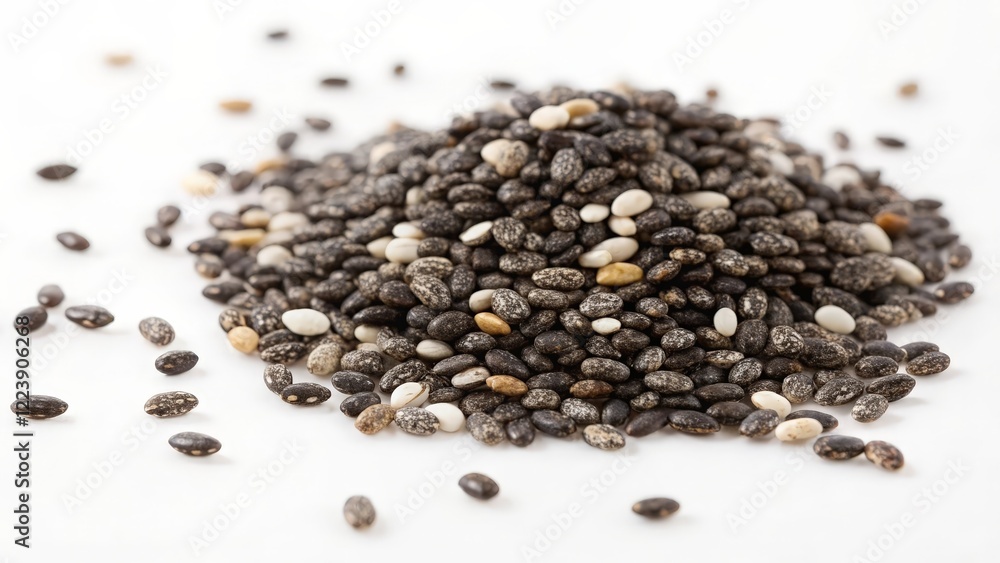 Chia Seeds Pile, White Background Chia Seeds Pile, White Background