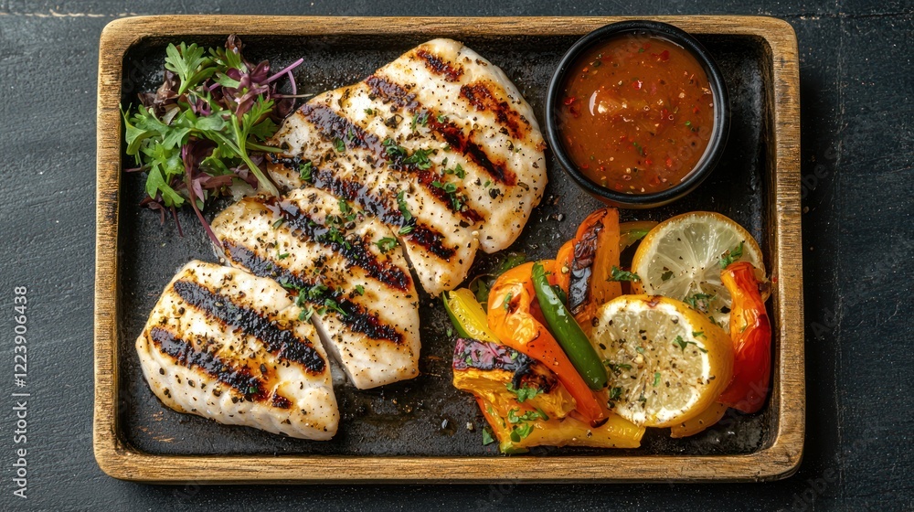 Grilled fish fillets on a platter, served with vegetables and a side of sauce