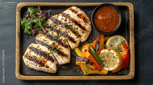 Obraz na płótnie Grilled fish fillets on a platter, served with vegetables and a side of sauce w salonie