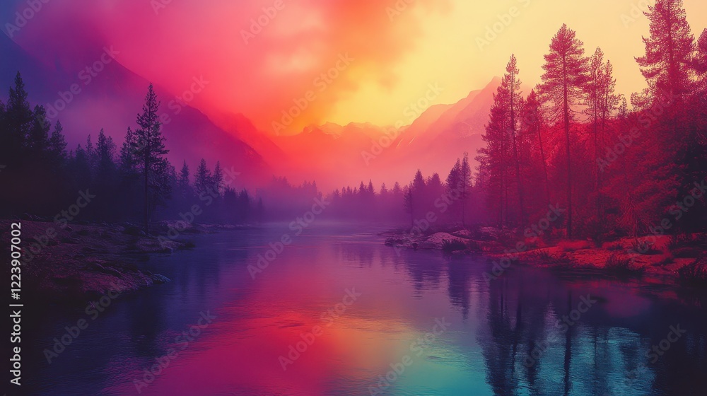 Scenic river surrounded by lush trees and majestic mountains under a clear blue sky Scenic river surrounded by lush trees and majestic mountains under a clear blue sky