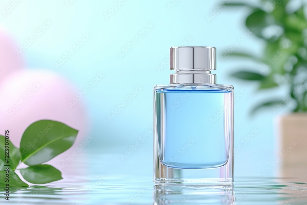 Bottle of perfume is sitting on a table next to a plant Bottle of perfume is sitting on a table next to a plant