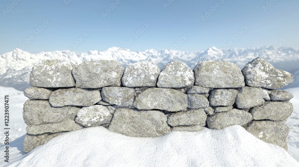 Stone wall on snowy mountaintop, majestic peaks backdrop. Use website, travel brochure Stone wall on snowy mountaintop, majestic peaks backdrop. Use website, travel brochure