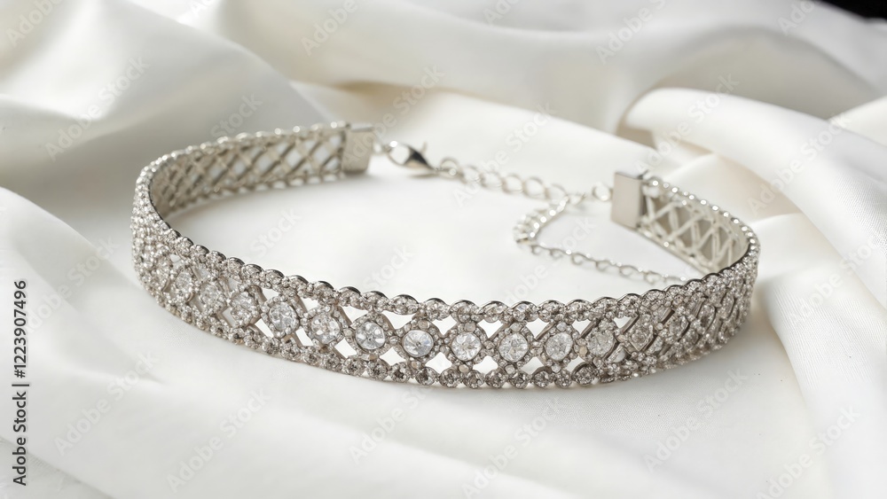 Silver Choker Necklace on Silk Fabric Silver Choker Necklace on Silk Fabric