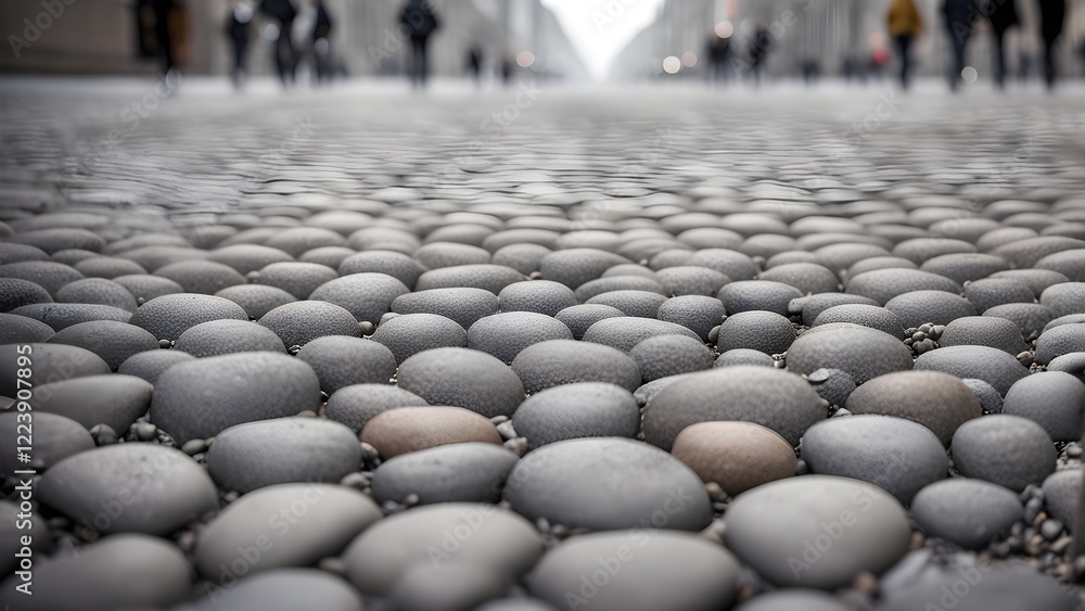 Fototapeta premium Close-up of smooth, gray stones forming a textured pavement with blurred city pedestrians in the background.