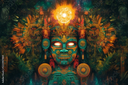 Mystical Mayan-inspired deity mask in lush jungle
