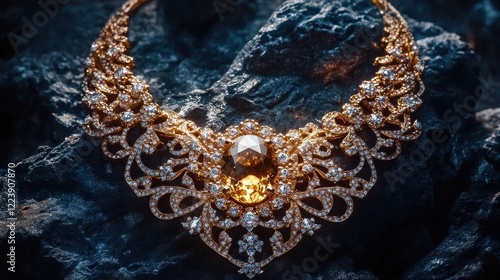 Intricate gold necklace with diamonds and a large topaz. Perfect for luxury, jewelry, or fashion websites. photo