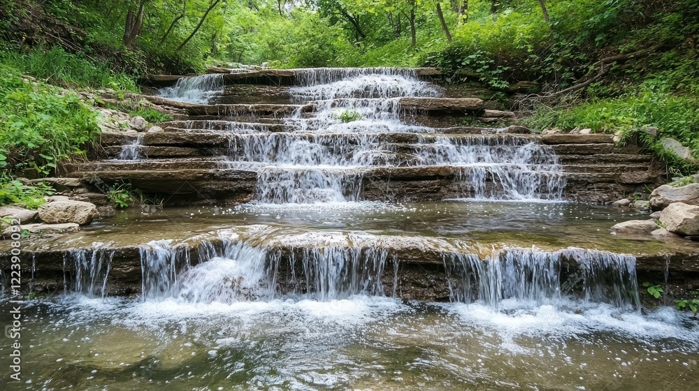 Gully water cascading over smooth stones in a serene natural setting