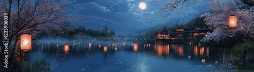 A serene nighttime landscape featuring a moonlit lake surrounded by cherry blossoms and lanterns, creating a tranquil, magical atmosphere.