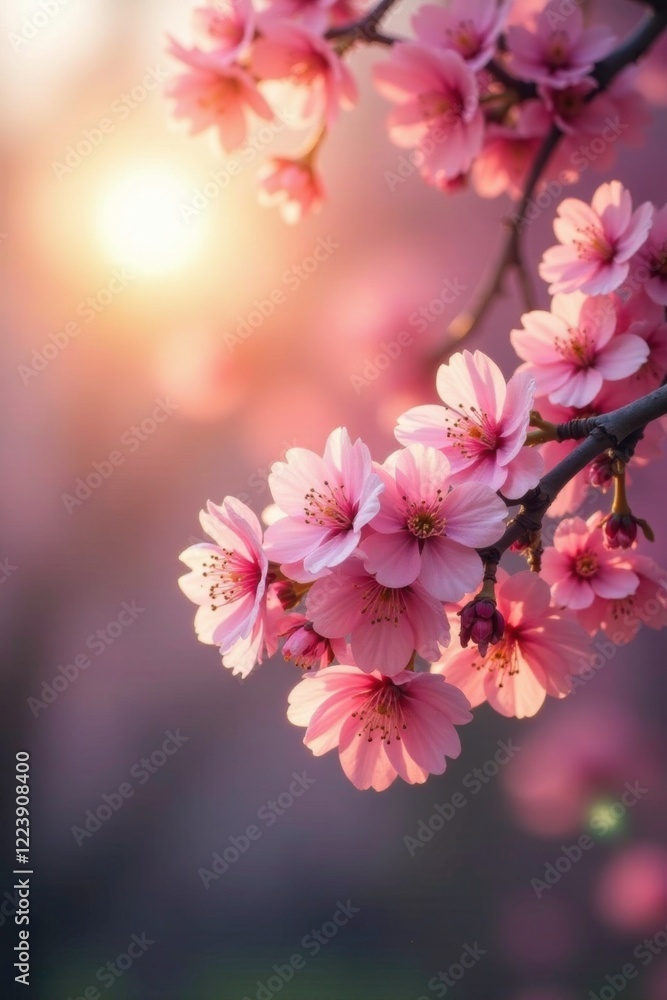 Fototapeta premium Soft pink light filters through cherry tree branches, cherry tree branches, morning sun