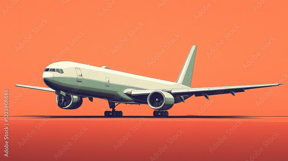 Fototapeta premium Illustration of a modern airplane taking off against a vibrant orange background, showcasing the sleek design and powerful engines of aviation technology and travel experience.