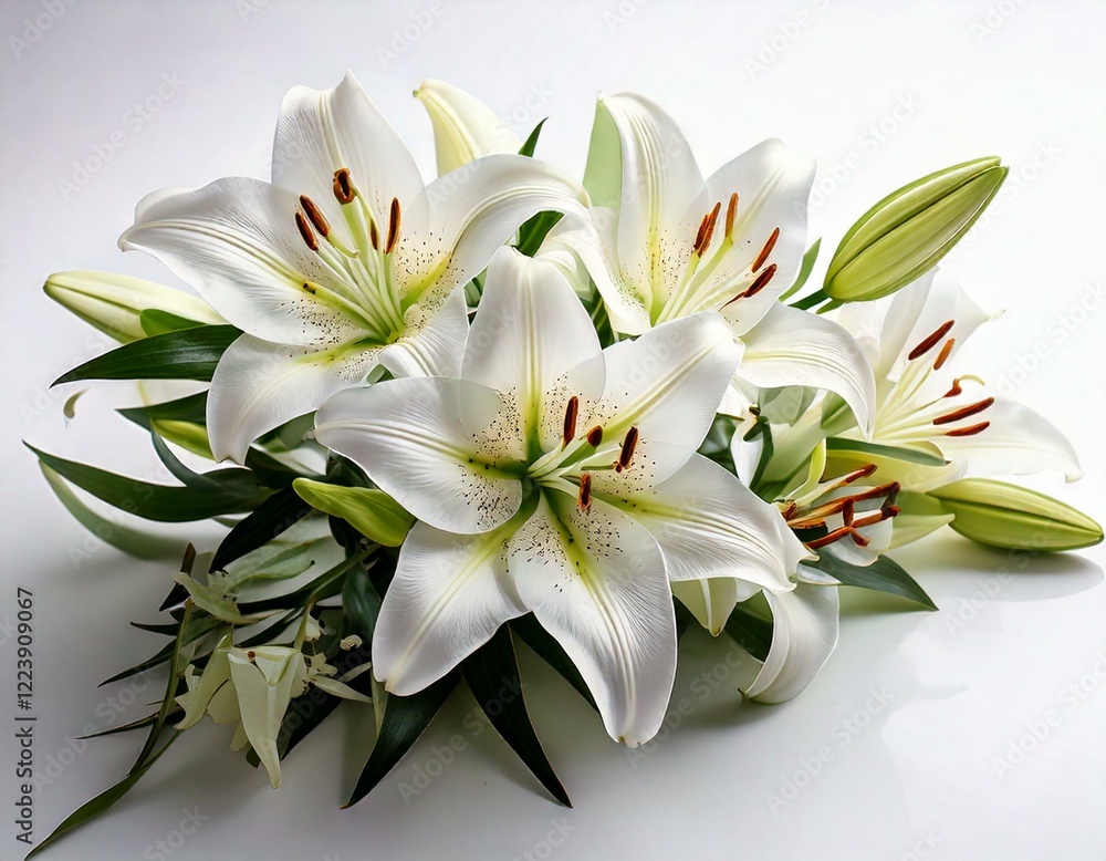 Fototapeta premium Branch of white lilies flowers. Mourning or funeral white background