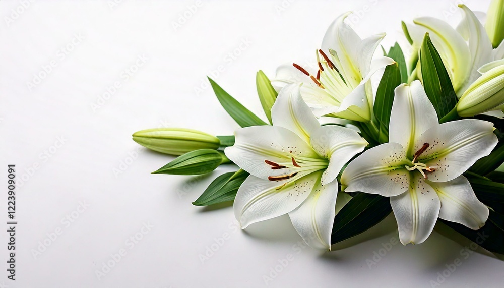 Branch of white lilies flowers. Mourning or funeral white background Branch of white lilies flowers. Mourning or funeral white background