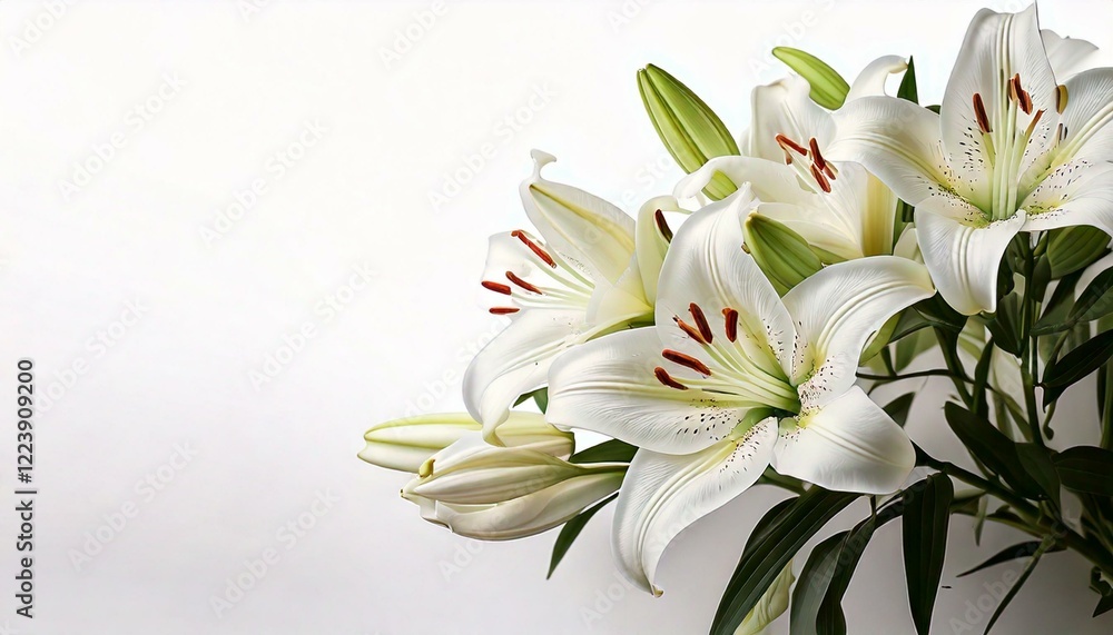 Fototapeta premium Branch of white lilies flowers. Mourning or funeral white background