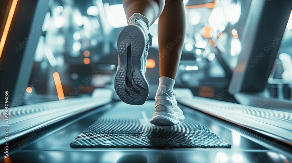 Fototapeta premium Energy-filled shot of a female athlete's feet in mid-stride on a treadmill, captured in crisp detail