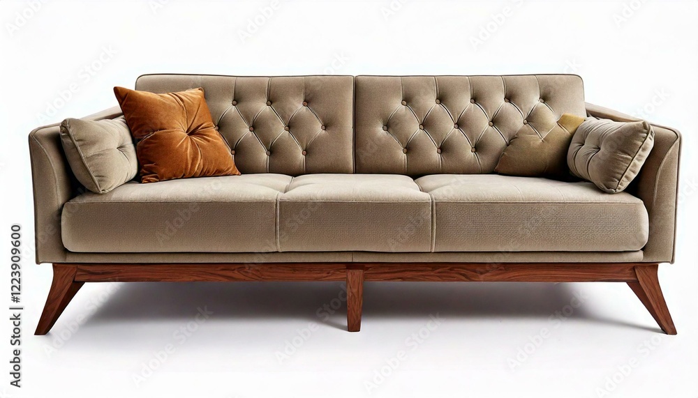 Fototapeta premium modern sofa with button tufts and angular wooden legs isolated white background 