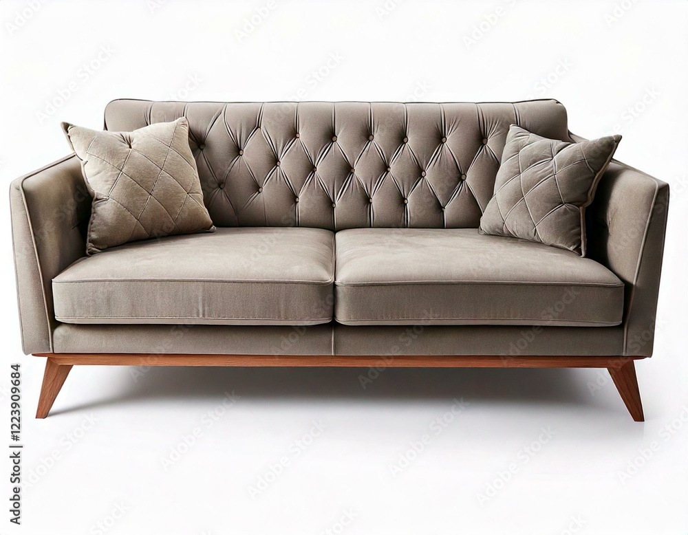 Fototapeta premium modern sofa with button tufts and angular wooden legs isolated white background 