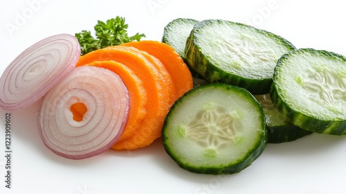 Pickled vegetables, including cucumbers and onions, isolated on a clean white background, photo