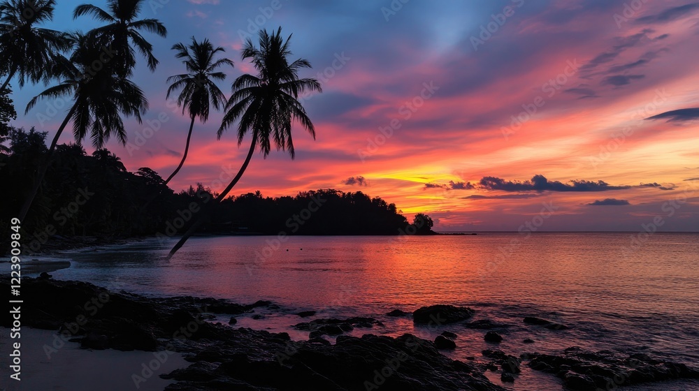 Serene Tropical Sunset: Palm Trees Silhouette Against Vibrant Sky Serene Tropical Sunset: Palm Trees Silhouette Against Vibrant Sky