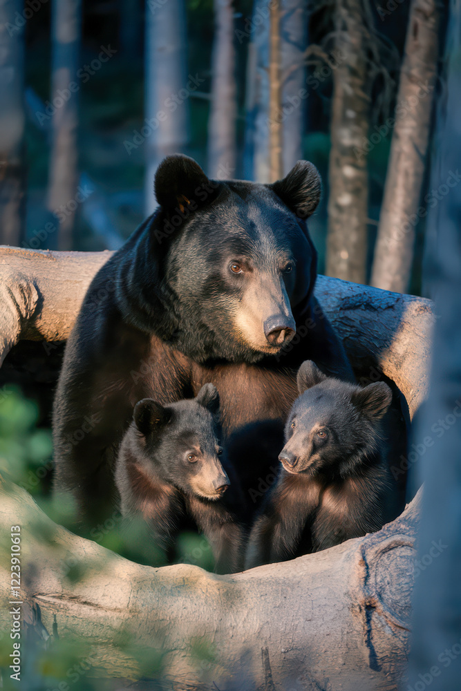 A mother black bear and her two cubs nestled in a tree. A mother black bear and her two cubs nestled in a tree.