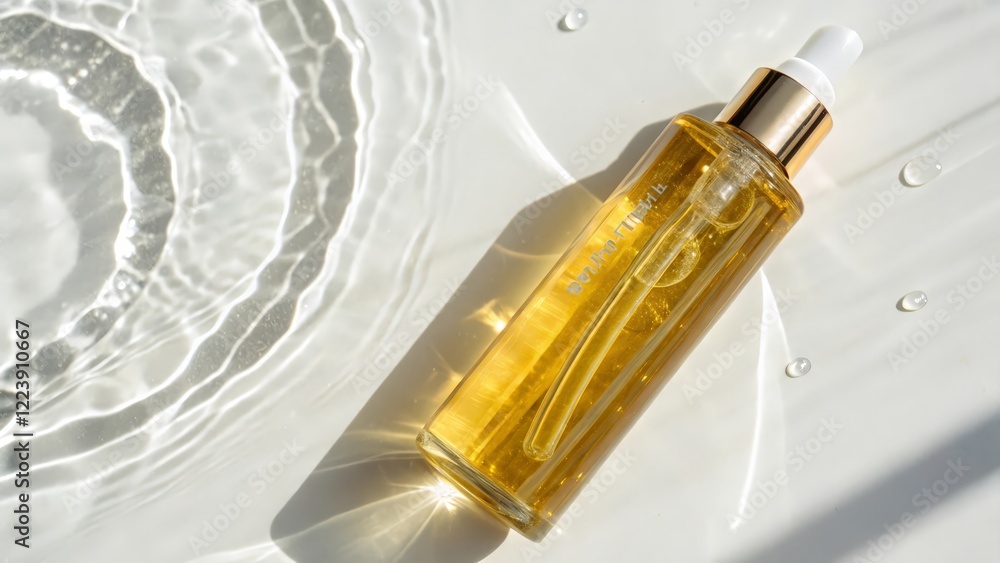 Fototapeta premium Amber Glass Bottle with Golden Liquid on White Surface