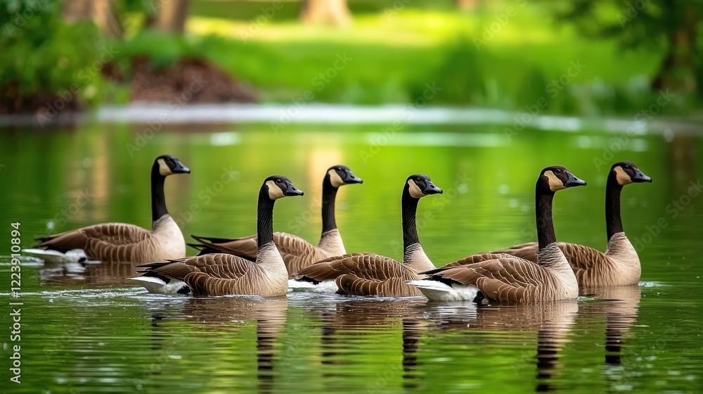 A group of geese swimming peacefully in a calm pond surrounded by greenery A group of geese swimming peacefully in a calm pond surrounded by greenery