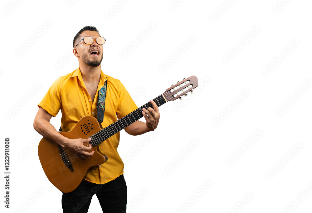 Passionate male musician playing acoustic guitar and singing with emotion on a white background Passionate male musician playing acoustic guitar and singing with emotion on a white background