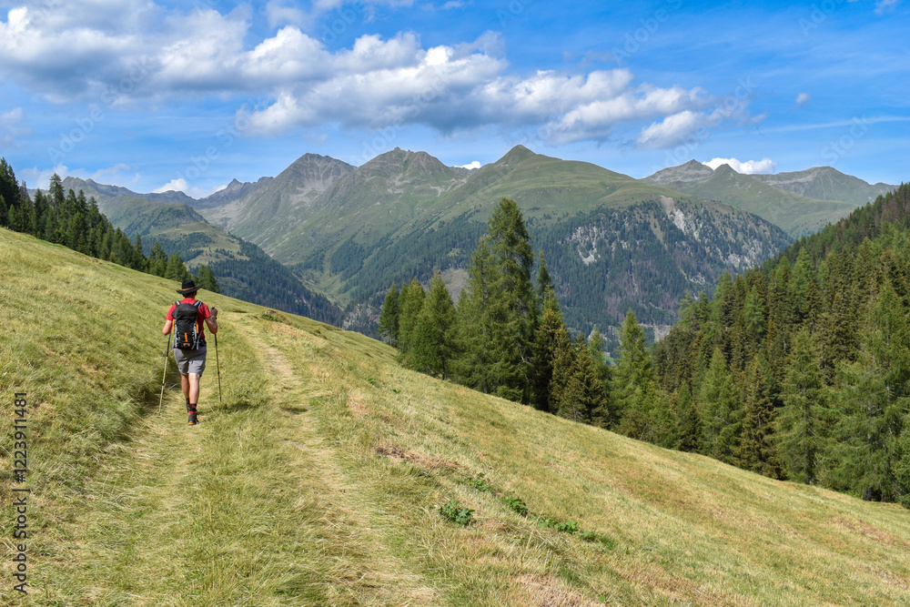hiker in the Villgraten mountains with peak of Lasoerling, east tyrol, austria hiker in the Villgraten mountains with peak of Lasoerling, east tyrol, austria