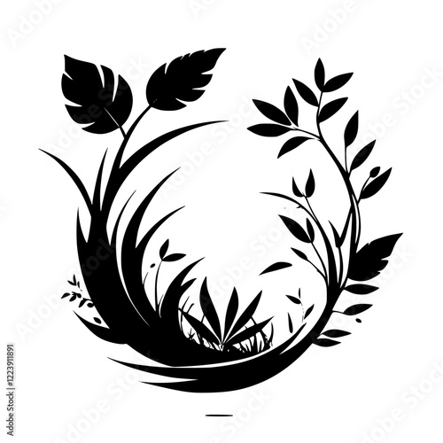 Circular Floral Design: Elegant Black and White Botanical Illustration. Perfect for nature-themed projects, adding a touch of sophistication and organic beauty.