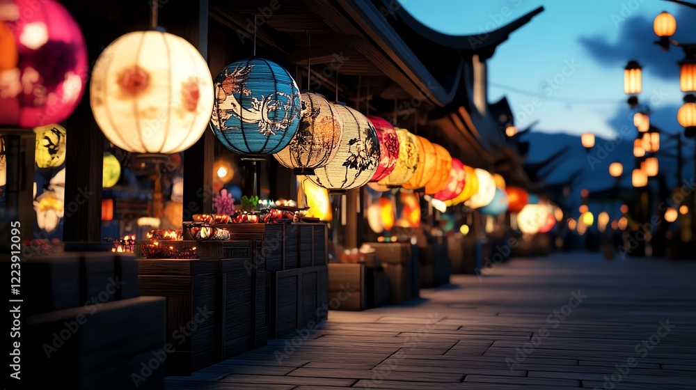 Zodiac animalthemed market, stalls glowing with intricate lanterns, 3D illustration Zodiac animalthemed market, stalls glowing with intricate lanterns, 3D illustration