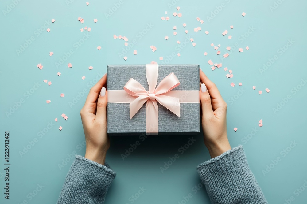 Hands holding a beautifully wrapped gift box with a pink ribbon on a pastel blue background Hands holding a beautifully wrapped gift box with a pink ribbon on a pastel blue background