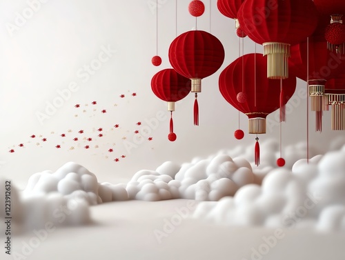 Dragon lanterns flying through the sky, firework trails illuminating the clouds, 3D illustration photo