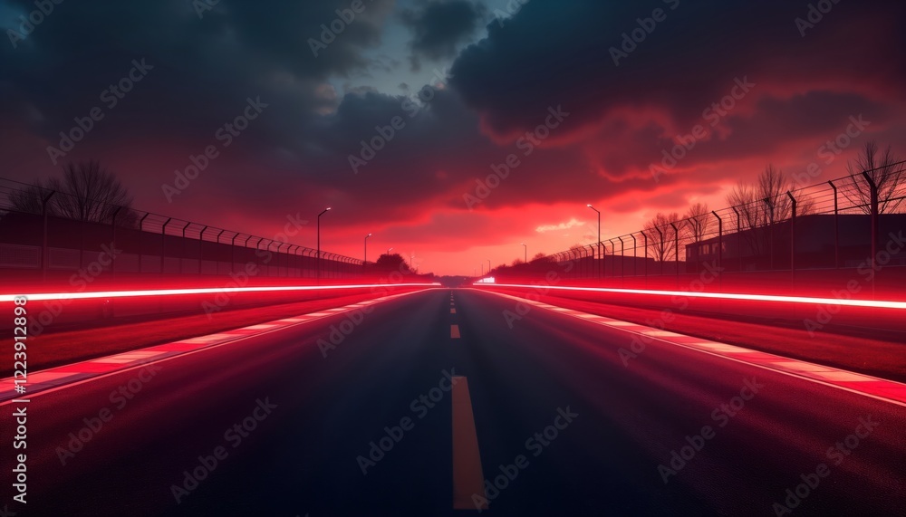 Empty race track at night under vibrant red lights. Empty asphalt road extends into distance. Night sky with dramatic clouds. Trackside fence surrounds scene. Racing atmosphere. Speed, action Empty race track at night under vibrant red lights. Empty asphalt road extends into distance. Night sky with dramatic clouds. Trackside fence surrounds scene. Racing atmosphere. Speed, action