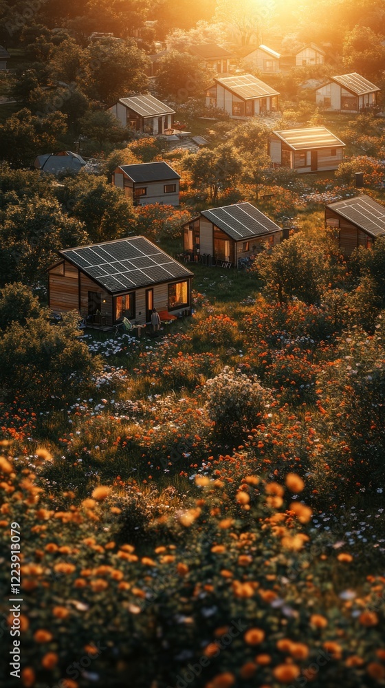 View of a sustainable tiny house community surrounded by wildflowers and solar panels View of a sustainable tiny house community surrounded by wildflowers and solar panels