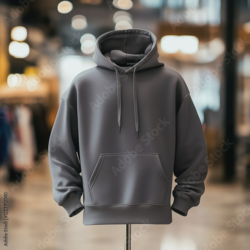 A gray hoodie mockup on a blurry shopping background, ideal for branding presentation. Generative AI -