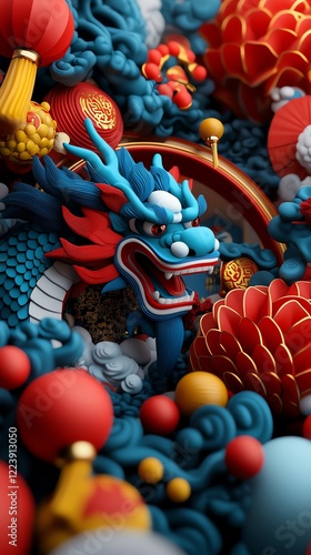 Dragonthemed festival entrance, lanterns and firecrackers creating a vivid scene, 3D illustration photo