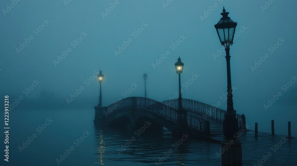 Misty Bridge and Illuminated Lamps in Venice Misty Bridge and Illuminated Lamps in Venice